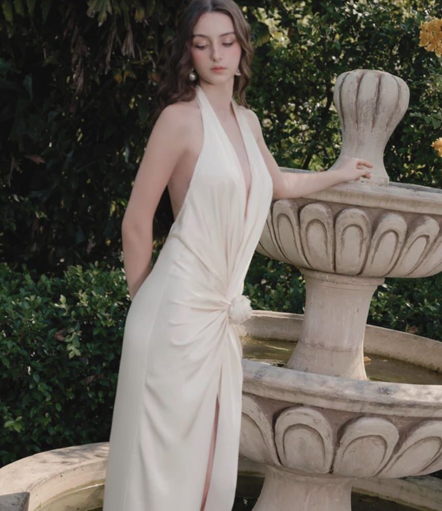 Ivory Satin Halter Gown "Moonlight Whisper" DR569