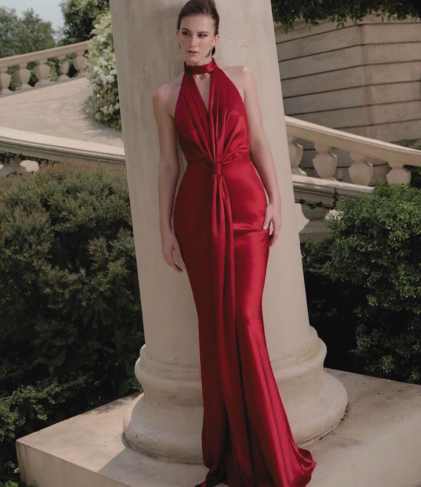 Red Satin Halter Neck Evening Gown "Scarlet Whisper" DR869